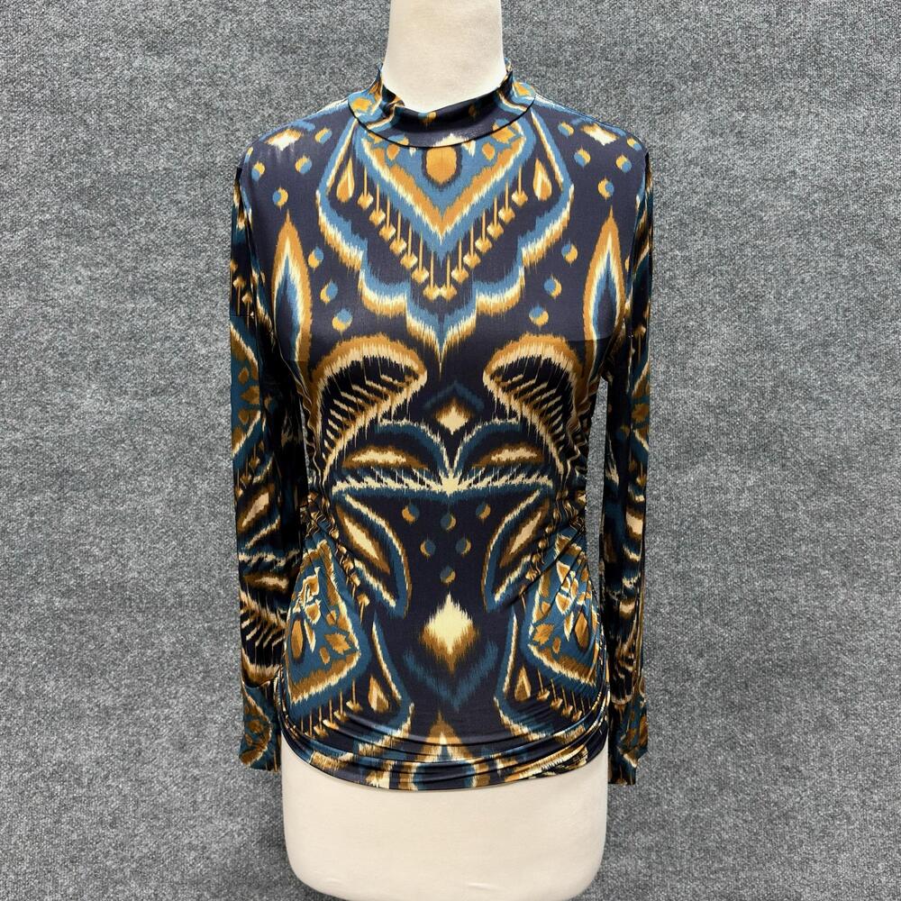 Farm Rio Shirt Womens M Multicolor Geometric Mock Neck Long Sleeve Jersey Top